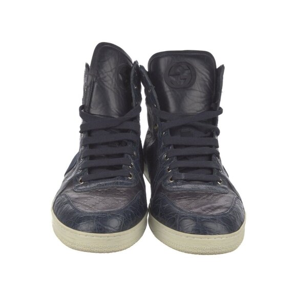 GUCCI Web Sneakers Diamante Blue Leather Crocodile Trim 10 G  11 US 43 EU 10 UK - Picture 1 of 5